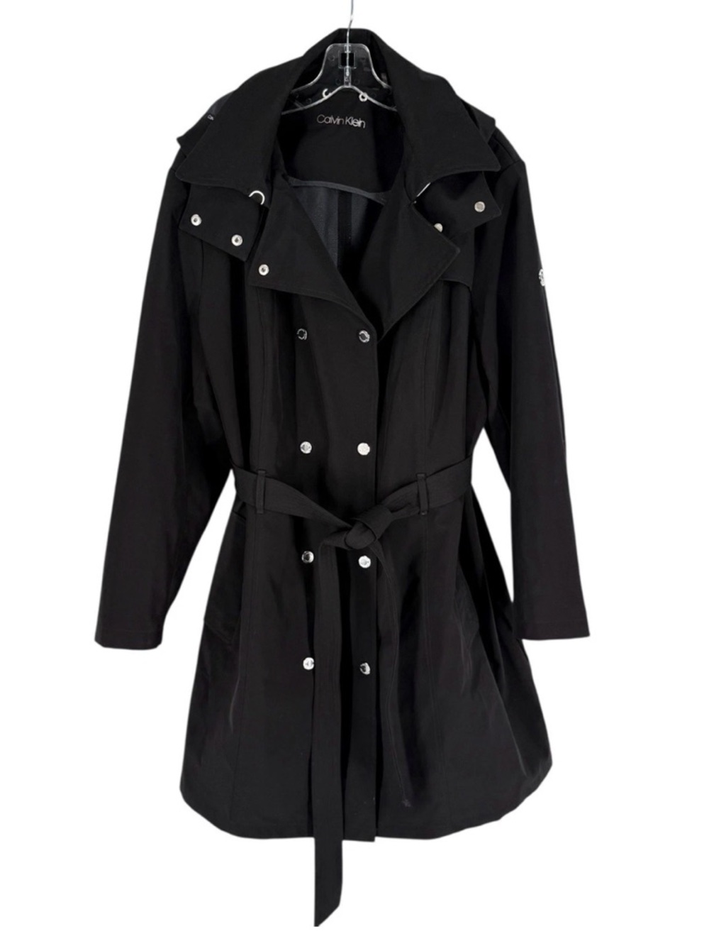 Calvin Klein Trench Coat Womens Size 3X Black Removable Hood Belted Classic